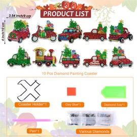 10 Pcs Diamond Painting Coasters with Holder, 5D DIY Christmas Coasters Diamond Painting Kits Round Diamond Art Cup Drink Coasters with Christmas Pattern Art Craft Supplies for Christmas (Car)
