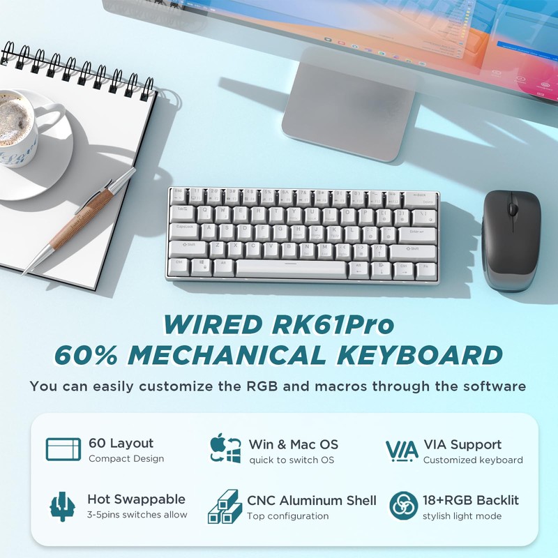 RK ROYAL KLUDGE 60% Mechanical Keyboard RK61 CNC, Wired Gaming