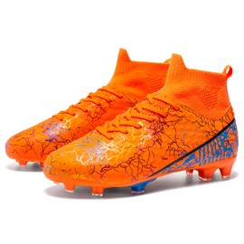 RieatDay Men's Soccer Cleats Youth Training Football Cleats Lightweight Womens High-top Soccer Shoes Non-Slip Futsal, Tacos de Futbol para Hombre, Orange/Blue/Gold, 8.5 Men