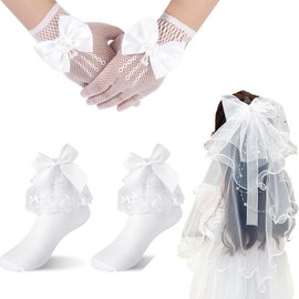 Jupsk Girls White Gloves Frilly Socks Kids Princess Lace Gloves Communion Cotton Wedding Flower Girl's Ballet Socks Veil for Baby Children 6-8 Years