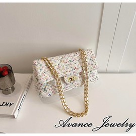 AVANCE Women's Tweed Chain Shoulder Bag, Crossbody Bag, White, Green, Pink, Navy, Span, white