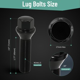 QIAOAUTOCC M14x1.5 Black Wheel Lug Bolts – 45mm Thread Length, 17mm Hex, 60° Conical Seat – Compatible with Wheel Spacers & European Vehicles – 20 Pack