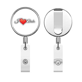 I Love Alaska USA Travel Slogan Round ID Badge Key Card Tag Holder Badge Retractable Reel Badge Holder with Belt Clip
