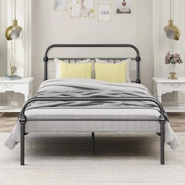 FurniutreR Bed Frame Classic Metal High Platform Bedframes with Victorian Style Iron-Art Headboard/Footboard/Under Bed Storage, 14 Inch High, Full, Black