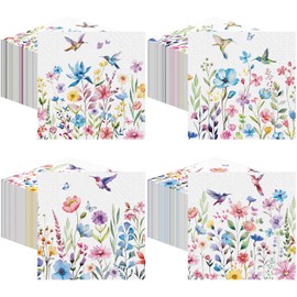 Fulmoon 200 Pieces Summer Flower Cocktail Napkins Disposable Sunflower Bee Beverage Napkins Fall Floral Paper Dinner Napkins for Summer Autumn Tea Party Table Decor(Blue Flower)
