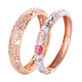 wynameleri Vintage Jewelry Cloisonne Handcrafted Enameled Gorgeous Rhinestone Flower Gold Hinged Cuff Bracelet Bangles Gifts 88C06-55A106 pink white