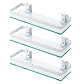 KES 3 Pack Glass Shelf for Bathroom, Glass Bathroom Shelf Floating Glass Shelf for Wall Aluminum Extra Thick 8MM Tempered Glass Shelves Rectangular Wall Mount Silver, A4126A-P3