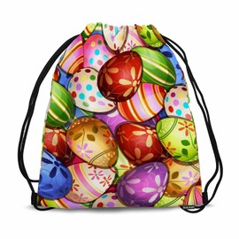 Sotunad Drawstring Bag Sports Backpack Happy Easter Cute Bunny In Basket with Easter Eggs Various Beautiful Pattern Sutiable for Dance Sports Beach Short Travel Stroage 14x16.9 Inch