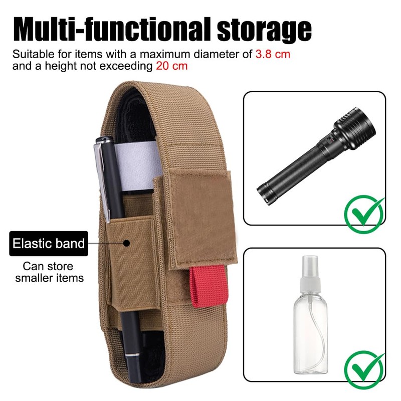 Molle Flashlight Holster, Tactical Torch Holder with Side Elastic Storage