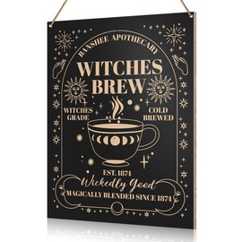 UDNADKEX Witch Coffee Bar Hanging Sign Decor, Banshee Apothecary, Witches Home Kitchen Coffee Shop Station Wooden Sign Wicca Witchy Decor Gothic Coffee Corner Cafe Wall Decoration