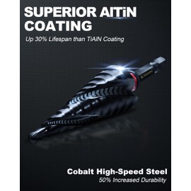 EZARC Step Drill Bit for Metal, M35 Cobalt Step Drill Spiral Flute Unibit Step Drill Bit (3/16''-7/8'') Wear-Resistant AlTiN Coated, 1/4" Hex Shank for Metal, Stainless Steel, Aluminum, Plastic