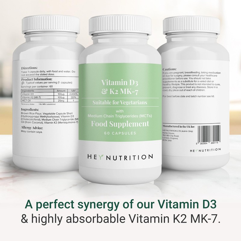 Hey Nutrition Vitamin D3 & K2 MK-7-100ug Each with MCT