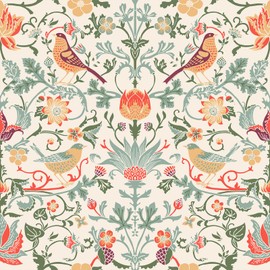 VEELIKE 17.7''x354'' Boho Bird Peel and Stick Wallpaper Vintage Strawberry Thief William Morris Wallpaper for Bedroom Removable Floral Wallpaper Peel and Stick Art Nouveau Wallpaper for Bathroom Walls
