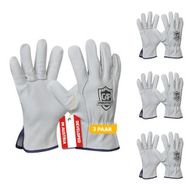 G4P Driver - 3 Pairs of Premium Cowhide Full Leather Work Gloves for Construction, Garden & Workshop, 1.1 mm Leather Thickness, Size L (Size 9), Colour: White