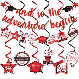 Red And So The Adventure Begins Banner Red and Black Graduation Decorations 2024 Adventure Awaits Party Decorations Class of 2024 Graduation Decorations Red and White