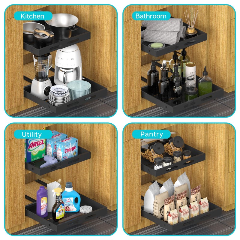 Expandable Pull Out Cabinet Organizer 17" Deep, Adhesive Pull Out