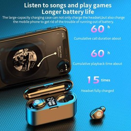 Wireless Earbuds, Bluetooth 5.0 Graphene bass Hi-Fi Headphones with 1500mAh LED Charging Case, IPX7 Waterproof in-Ear Headset 60H Playtime, Binaural Stereo Sound Earphones, Noise Canceling w/Mic