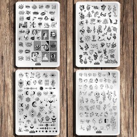 Nagel Stempelplatte Set, 4 pcs GroÃ stamping schablone Tattoo 1pcs Doppelseitig Klar nagel stempel silikon,Abstraktes Gesicht Schlange Konstellation stempel fÃ¼r nÃ¤gel