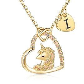 mantoudoss Initial Charm Necklace for Women, 14K Gold Plated Unicorn Necklace Dainty Heart Initial Letter Necklace Unicorn Gifts Gold Necklace Jewelry for Women