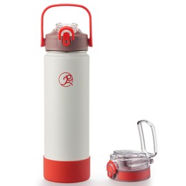 GOSWAG Insulated Water Bottle Stainless Steel 24 oz, Sports Water Bottles with 2 Lids (with Straw/No Straw) Handle and Silicone Boot for School, Travel, Thermos with Double-Wall Vacuum Insulation