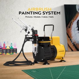 VIVOHOME Airbrush Kit with Dual Fan Air Compressor and 3 Dual Action Airbrush Gun, Gravity and Siphon Feed, Quiet Air Brush Set with 8 Primary Opaque Colors, Cleaning Brush, Yellow