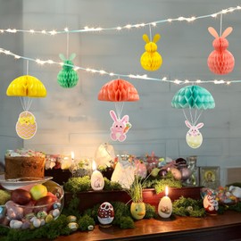 Eambrite 6PCS Easter Hanging Decorations Spring Honeycomb Paper Ball Easter Bunny Decorations, Easter Tree Decorations Hanging Paper Ornaments for Home Party (Pink, Blue, Yellow)