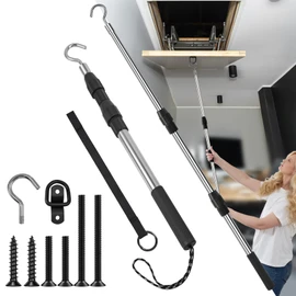 Attic Pull Down Hook, Extendable Attic Pull Rod, Attic Ladder Pull Down System Kit Contains One 40-Inch Telescopic Pole, 1 * D-Ring, 1 * O-Ring with Rope Around It