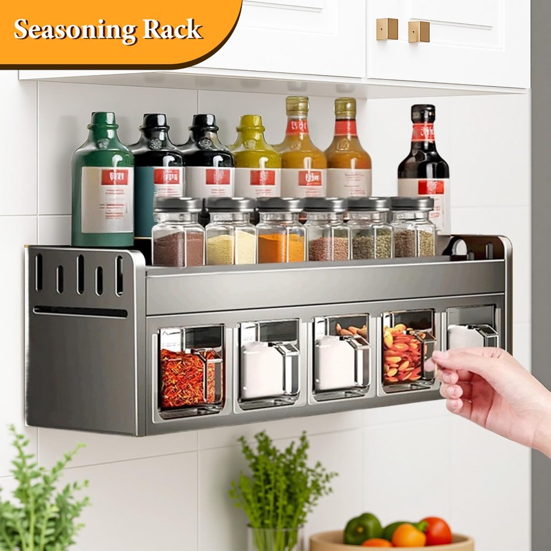 Homkdom 3 Grid Wall-Mounted Spice Organizer Set, Durable Aluminum Spice