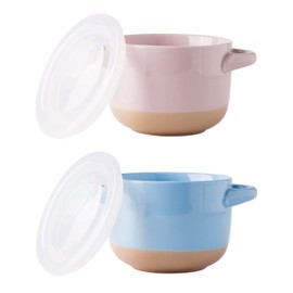 AmorArc 24 Ounces Soup Bowls with Large Handles and Lids, Stoneware Bowls Set of 2 for Soup, Cereal, Stew, Noodle, Colourful Ceramic Kitchen Bowls, Microwave&Dishwasher Safe, Blue&Pink