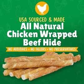 Chicken Wrapped Rawhide Dog Treats – 80ct. Rawhide Chew Sticks – Long Lasting Chews for Small Dogs Made in The USA with Natural Chicken and Beef Hide