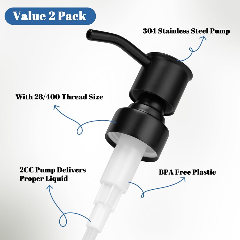 2 Pack Black 304 Stainless Steel Soap Dispenser Pump Replacement