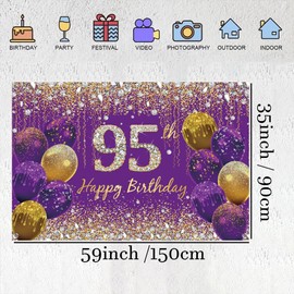 95th Birthday Decorations for Women, Purple Fabric Sign Poster Birthday Party Decoration Background Banner Women, 95th Birthday Party Decoration