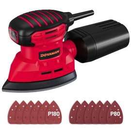 DLS03A 1.1 Amp Detail Sander, Efficient Dust Collection, 12000 RPM Compact Palm Sander with 12 Pcs Sanderpapers, Low Vibration, Lightweight Hand Sander for Wood and Steel - Red