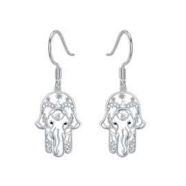 PELOVNY Women's Earrings Hamsa Earrings Women Hypoallergenic S925 Sterling Silver Palm Shape Hand of Fatima Hook Drop Earrings for Women