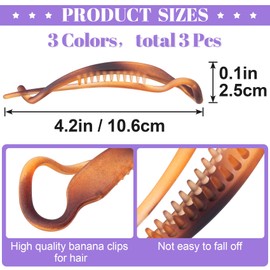 Mxxipp 3pcs Banana Hair Clip for Women, Non-Slip Resin French Twist Hair Barrettes, Vintage 80s/90s Style Flat Hair Accessories for Thin Thick Curly Straight Long Hair- Brown & Black & Coffee
