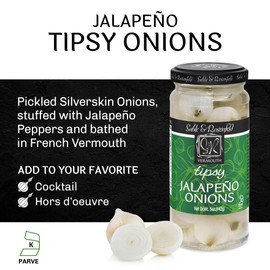 Tipsy Stuffed Jalapeno Cocktail Onions in Jar with French Vermouth - Pickled Silverskin Onions for Cocktails, Appetizers, and Hors d'Oeuvre - Sable & Rosenfeld - 5 oz (Pack 1)