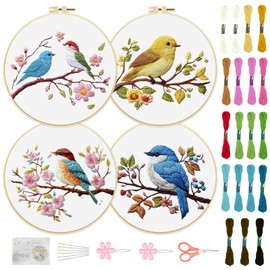 FREEBLOSS 4set 20CM Embroidery Kit DIY Bird Stamped Embroidery Kit Beginners Embroidery Starter Kit with Embroidery Hoop Beginner Embroidery Set for Adults