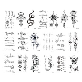 EIROVYA Temporary Tattoos, Fake Tattoos, 18 Sets Black Temporary Tattoos Set - Flowers, Animal, Icons, Fern, Cool Words Stickers for Kinr, Body Art for Men and Women, a