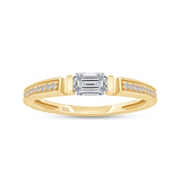 1/4 Carat Emerald & Round Lab Created Moissanite Solitaire Stackable Engagement Ring In 14K Yellow Gold Over 925 Sterling Silver (VVS1 Clarity, 0.35 Cttw) Size - 10