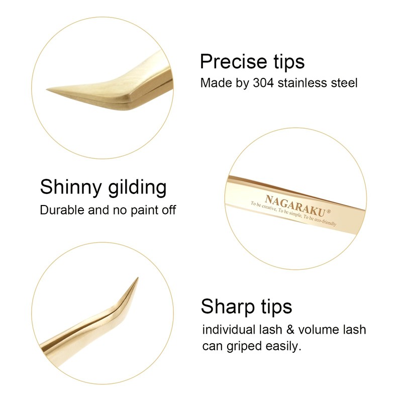 NAGARAKU Tweezers for Eyelash Extension Gold Curved Volume Cluster Eyelashes
