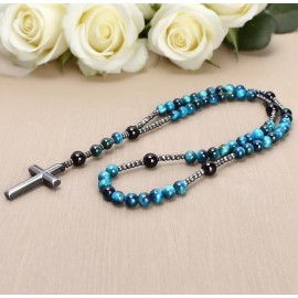 handemade AAA+Blue Tiger Eye Mala Prayer Bead Christ Hematite Cross Pendant Necklace Gift