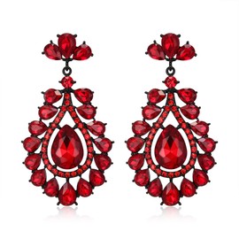 EVER FAITH Statement Ohrringe für Damen, Hochzeit Party Schmuck Art Deco Teardrop Kristall durchbohrt Kronleuchter Braut baumeln für Rot Schwarz-Ton