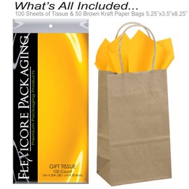 Flexicore Packaging® 50ct Natural Brown Kraft Paper Gift Bags + 100ct Gift Tissue Paper (Goldenrod Yellow)