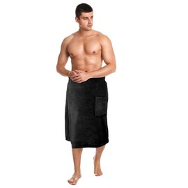 Tudomro 1 Piece Men's Body Wrap Towel L Adjustable Soft Wearable Bath Sauna Towel Spa with Pocket After Shower Terry Bath Wrap for Men Shower Dorm Room Gym(Black)