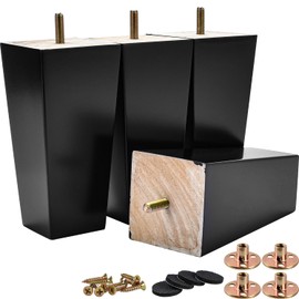 TCHOSUZ 6 Inch / 15 cm Wooden Furniture Legs, Set of 4 Solid Wood Mid-Century Modern Pyramid Replacement Feets with 5/16 inch Bolt & Rubber Floor Protectors for DIY Ottoman Black