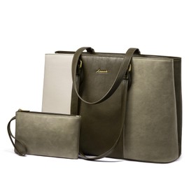 LOVEVOOK Laptop Tote Bag for Women, 15.6 Inch Waterproof Vintage PU Leather Computer Bag with Wristlet, Professional Laptop Purse for Teacher,Work, Daily