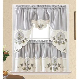 Rose Melody. 3 count Kitchen Cafe Curtain Set.Farmhouse Swag and 24 inches Tiers Set for Small Windows. Nice Matching Color Rose Embroidery on Border and Inserted Organza. ( Grey) - Color: Bronze