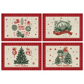 AFXXE Place Mat Christmas Table Set Washable Place Mats Winter 30 x 45 cm, Red Green Christmas Motif Place Mats Set of 4 Placemats Christmas Motif Fabric Used for Table Decoration (Rustic)