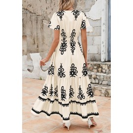 PRETTYGARDEN Womens 2025 Summer Casual V Neck Boho Maxi Dress Flowy Aline Bell Sleeve Tiered Floral Dresses with Pocket (Floral Apricot Black,Small)