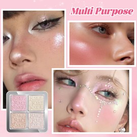 4 Color Highlighters Makeup Palette, Shimmer Illuminating Powder Highlighter, Lightweight and Blendable Makeup Palette for All Skin Tones